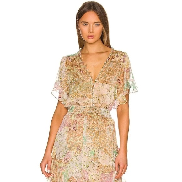 MISA Chiffon Floral Paisley Patchwork Flutter Short Sleeve Button Front Top XS - Picture 5 of 11